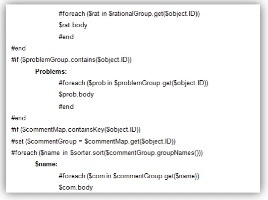 Figure 6, Example of code from a template written in the Velocity Template Language 