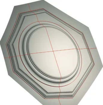 Figure 11. The San Carlo vault coffer. The 3d model creation is  more complex, because it’s made by an extrusion of section on  two different paths: an octagon projected on a mathematical  model of the surface (Canciani, et al., 2012) and a circular one In