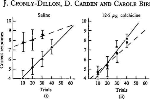 Fig. 2. Regression lines showing performance during initial training (A—A) and Transferretraining ( • (15 fish) which received 12-5Solid circles and triangles represent mean score for each of the groups, and standard deviation• ) for (i) saline control group (15 fish) and (ii) experimental Group 1 fig colchicine intracranially immediately after initial training.is represented by the vertical lines.