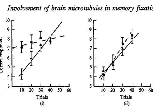 Fig. 3. Regression lines showing performance during initial training (A—•) and transferretraining (• •) for (i) experimental Group a (15 fish) which received 12-5 fig colchi-cine 1 h and 15 min after initial training and (ii) experimental Group 3 (15 fish) which received2 5 Ag colchicine 1 h and 15 min before initial training.