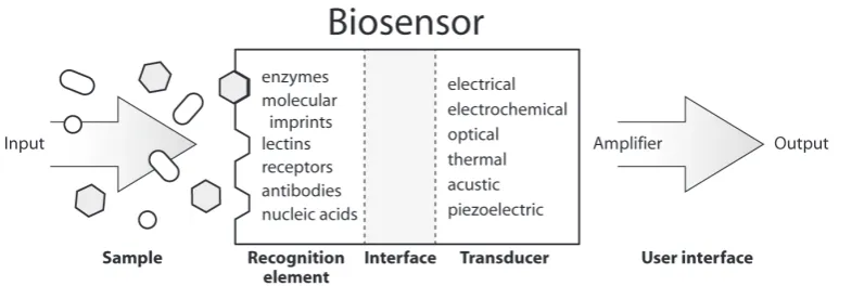 Fig. 1 Configuration of a biosensor showing biorecognition, interface, and transduction elements.