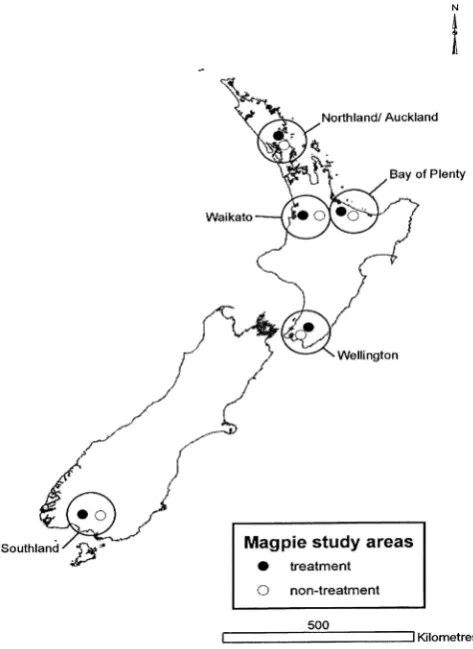 Figure 1. Locations of paired magpie study blocks in New Zealand, where five-minute bird counts were undertaken in November and January 1999/2000–2002/03.