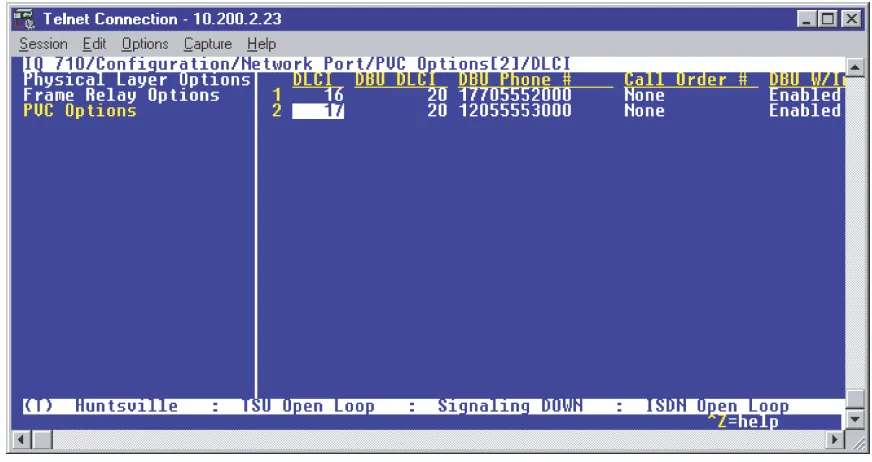 Figure 20.  Huntsville IQ 710 (DLCI 17) Screen