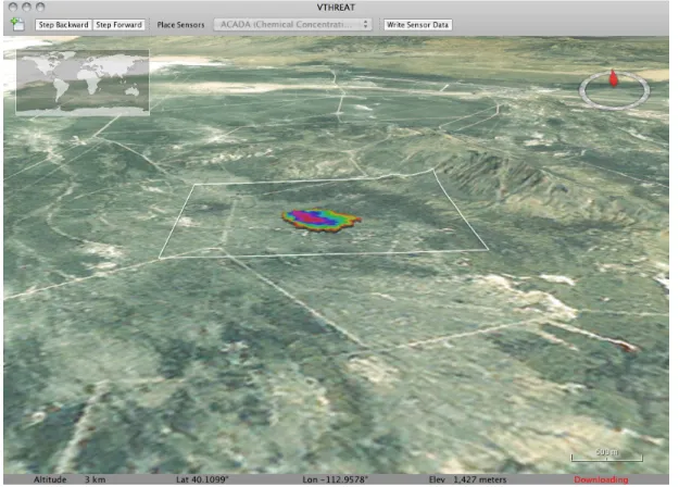 Figure 1.  Screenshot of the VTHREAT prototype GUI, based on the NASA World Wind Java Geospatial Visualization Platform