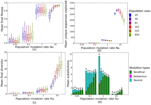 Figure 5. Simulated evolution of sequences with secondary structure AF036740 (Table 2) at varying population mutation rates Nµof the 50 replicates, the center line corresponds to the median, and the whiskers depict the minimum and maximum values obtained f