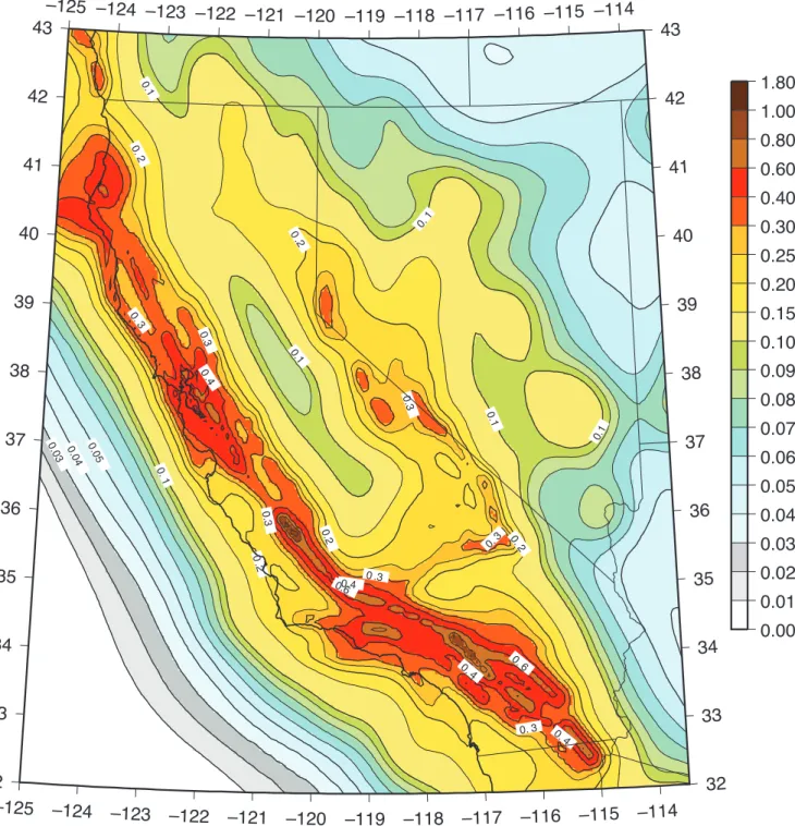 Figure 3. Time-dependent map for rock site condition and a 10% probability of exceedance in 30 years