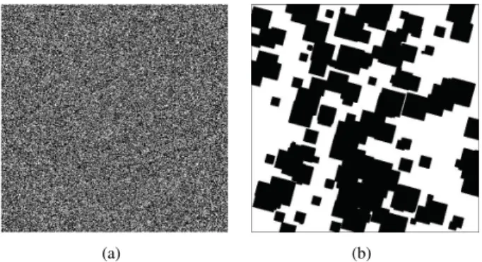 Figure 4. Randomly generated sample images. (a) Random points, feature pixel proportion: 40%, size: 500×500; (b) Random squares, feature pixel proportion: 15%, square angle: 15 ◦ , size: