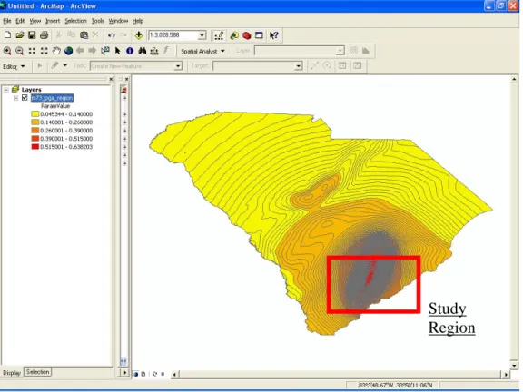 Figure 3. Surface PGA contours for Mw 7.3 (0.005 g intervals). 