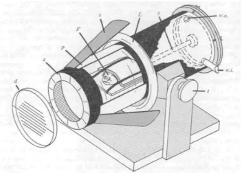 Fig. i. Tank for testing ocular compensation to lateral tilt. Flatfish (F)fluorescent lamp (Z.) provides illumination reflected into clear section of tank by cone (c),with degree markings on annulus (a) fixed to front of tank