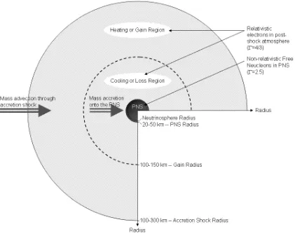 Figure 1.1 - Cross section of inner star during post-bounce phase.  Regions correspond to the Janka model