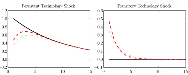 Figure 1.2: Impulse-responses: innovation to technology growth rate. Evolution of the persistent technology growth component ˜ γ i,t due to one-percent positive persistent and transitory shock (v i,t and u i,t , respectively)