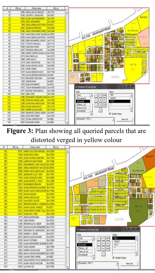 Figure 3: Plan showing all queried parcels that are distorted verged in yellow colour 