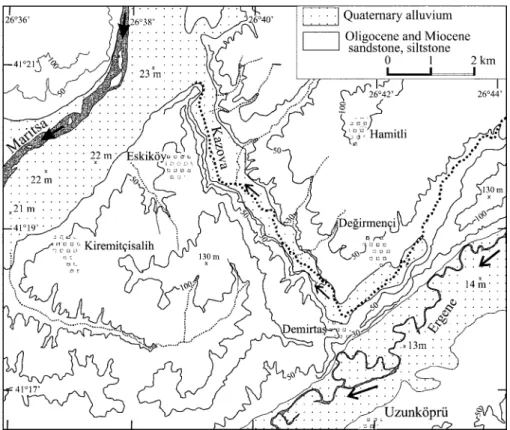Fig. 5. Map of the region of Kazova stream, a possible former connection between the Maritsa and Ergene rivers