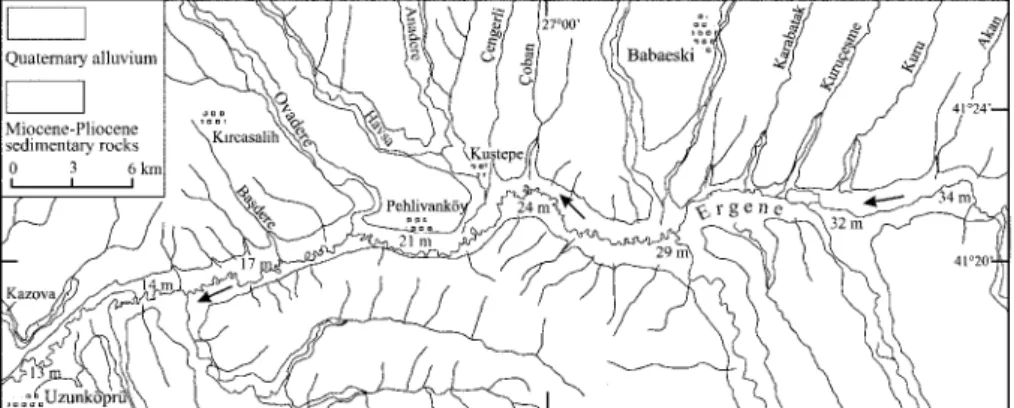 Fig. 7. Junction angles between the tributaries and the main trunk of the Ergene River plotted against distance from Uzunko¨pru¨