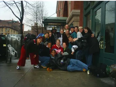 Figure 4.5. The New York City cast of Windows of the Soul on Christopher Street. [photo by Peter Haggerty] Left to right, top row: Jamila Assaf, Holly Dzimidas, Julie Mason (stage manager), Maxwell Lance (replacement for Karriefh Norman), Becky Randall, Lu