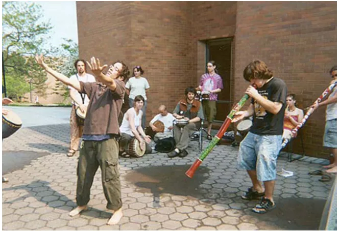 Figure 3.1. Anthony Buscato and his group “Tribe” evidence Deaf leadership in the natural setting of a poetry performance at Wallace Library at Rochester Institute of Technology