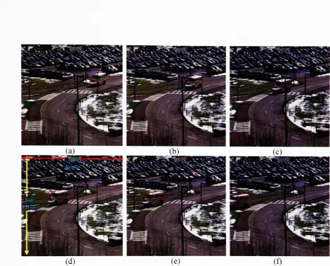 Figure 9:25, Tracking results for "RIT Parkinglot" sequence (a)-(f) represent frames 2, 11, 37, 44, and 56 (Pink outline around the object indicates result of tracking algorithm).