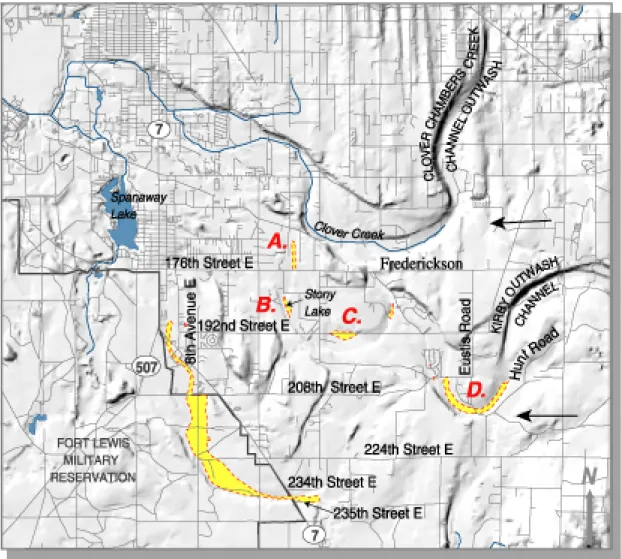 Figure 2. Known areas and approximate extent of gorund-water flooding, Pierce County, Washington, 1996