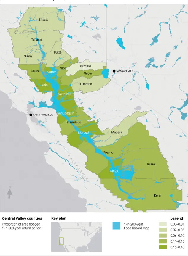 Figure 3: Central Valley counties with proportion of area flooded by 1-in-200-year flood  (based on JBA Global Flood Map data)