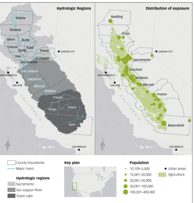 Figure 1:  Counties and hydrologic regions within the Central Valley (left) and distribution of exposure  (population 2000 census) and agricultural land (right) 