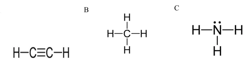 Figure 1-5: Substrates and their structural similarity to acetylene.  (A) Acetylene, a mechanism-based inactivator, is similar in structure to (B) methane, a substrate of pMMO and (C) ammonia, a substrate of AMO  
