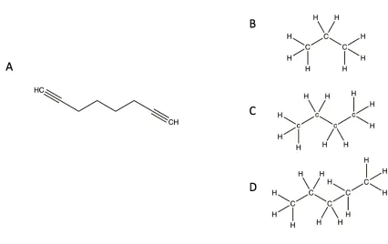 Figure 1-6: Substrates and their structural similarity to 1,7-octadiyne. (A) 1,7-octadiyne, a mechanism-based inactivator, is similar in structure to (B) propane, (C) n-butane, and (D) n-pentane, which are some of the normal substrates for AlkB in Pseudomo