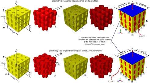Figure 1. CAD model of the scaffold (A, F) and of the granulation tissue (B, G) in the case of aligned elliptic (A-B) and rectangular (F-G) pores, 3×3 pore/face