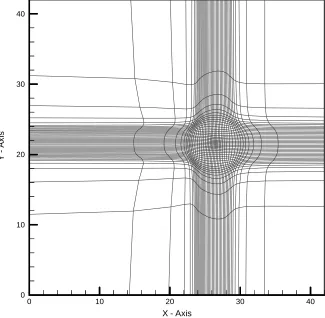 Figure 6.3.  Preadapted grid reflecting clustering of nodes in and around the pollutant puff