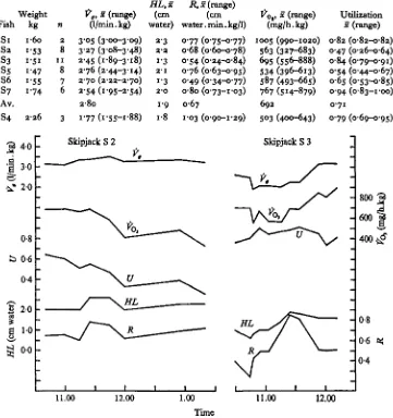 Table i. Per fusion rate of gills, head loss, resistance to water flow offered by the ^(calculated), oxygen uptake, and utilization (calculated) for seven skipjack tuna and onekawakawa tuna (£4)