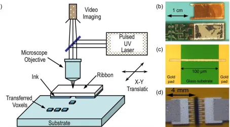 Figure 1.7 (a) A schematic showing printing setup for laser-based DW.[193] A focused pulsed UV laser beam passes through a ribbon support and interacts with an ink coating containing a suspension of the material to be deposited