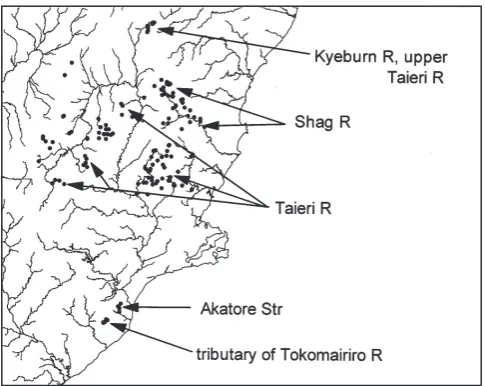 Figure 8. The geographical range of Taieri flathead galaxias (Galaxias depressiceps) with two unpredictable outliers in Akatore Stream and in the Narrowdale, a tributary of the Tokomairiro River in coastal South Otago