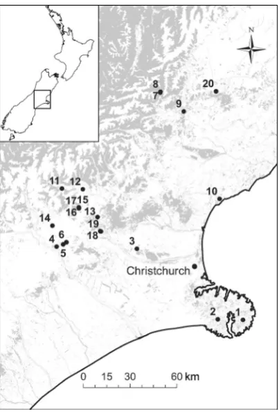 Figure 1. Location of kānuka (1–10) and mānuka sites (11–20) where soil cores were collected
