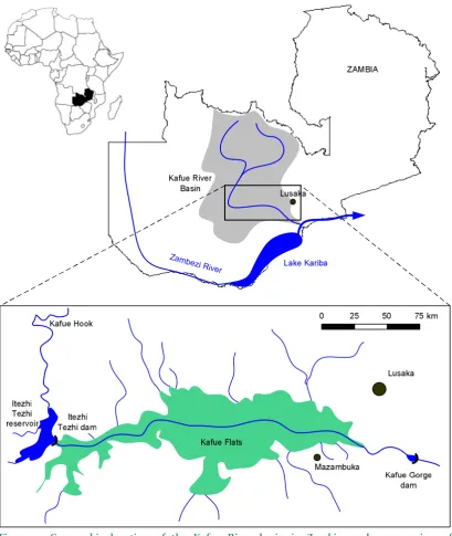 Figure  4.  Geographic  location  of  the  Kafue  River  basin  in  Zambia,  and  an  overview  ofthe Kafue Flats with upstream the Itezhi Tezhi dam and downstream the Kafue Gorge dam.