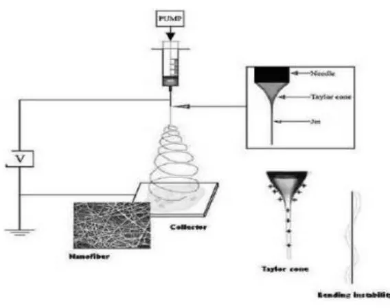 Figure 1.2. Schematic illustration of the conventional set-up for electrospinning.10 