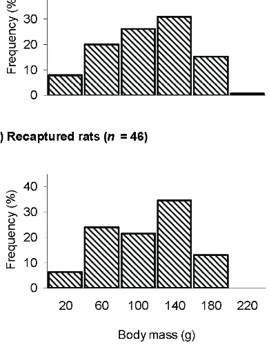 Figure 2. Frequency distributions of body mass of (a) all rats caught in live traps and (b) recaptured rats