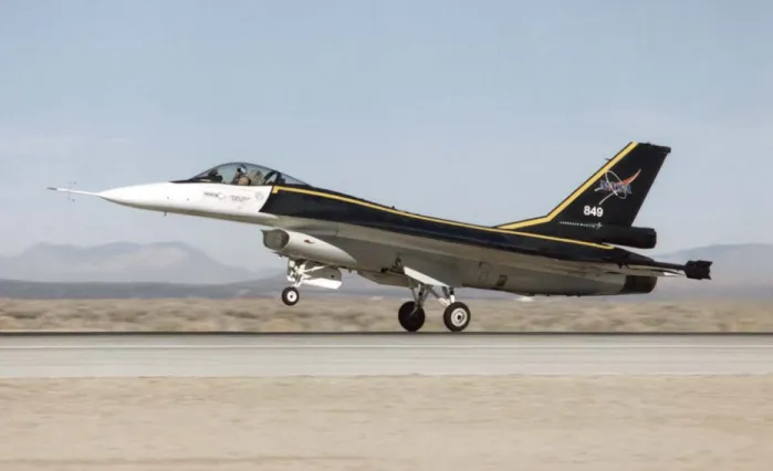Figure 1. F-16XL ship 1 takes off for the first flight using the digital flight control system.