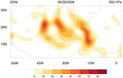 Figure 3.2:Map of 2-10 day ﬁltered EKE (J kg−1) from ERAi for August 26, 2006.