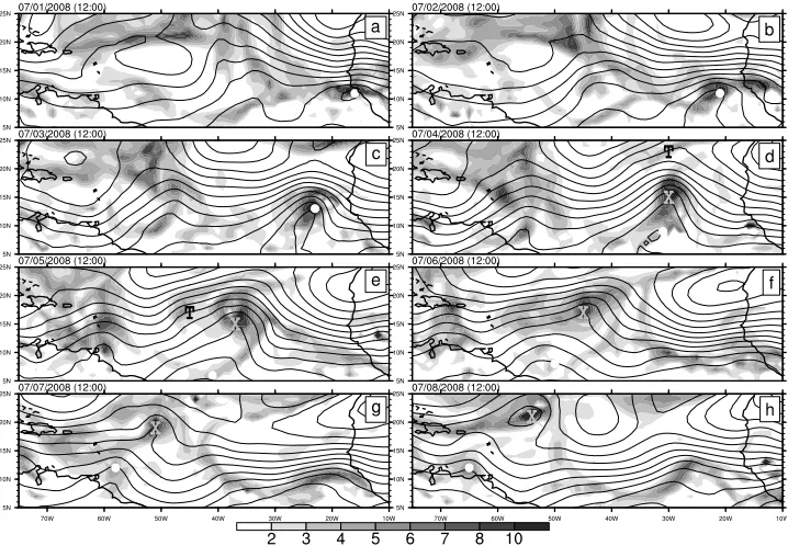 Figure 1.9: 315 K potential vorticity (10 PVU, shaded) and 600 hPa streamfunction (contours)showing the evolution of the AEW leading to tropical storm Bertha in 2008