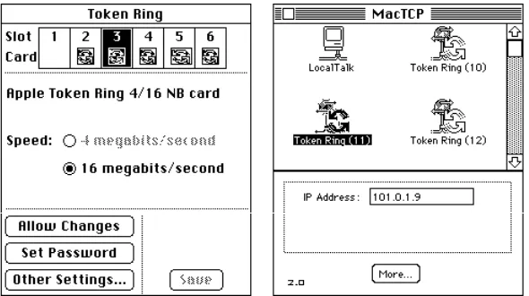 Figure 5-5  Multiple Token Ring cards in a Macintosh II computer, as seen inthe Token Ring and MacTCP control panels