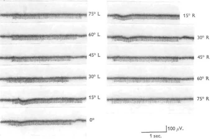 Fig. 1. Wind-indicator interneurone. Response to 4-5 m./sec. wind from different directions.Recorded in anterior prothoracic connective