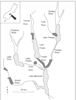 Figure 1. Map of the Upper Waitaki Basin:dark shaded areas indicate where trappingtook place.