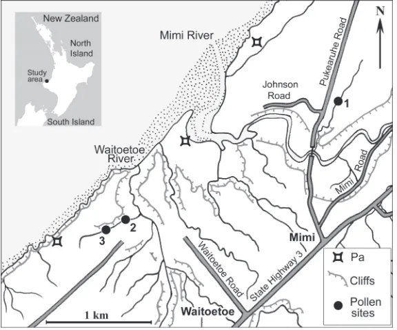 Figure 1. Map of northern coastalTaranaki showing (1) Mimi, (2)Waitoetoe-A, and (3) Waitoetoe-Bcoring sites.