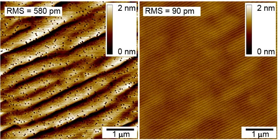 Figure 2-17: 5x5 µm2 AFM images representing 10 nm (left) and 100 nm (right) of 