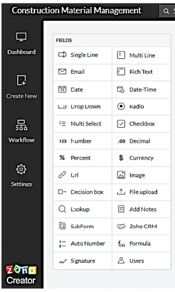 Figure 1. Zoho Creator’s fields 