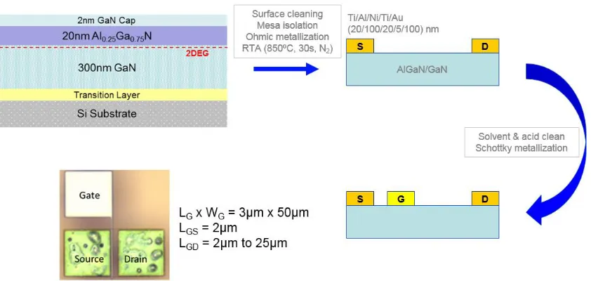 Figure 2.5: Simple schematic showing the HFET fabrication flow and topography of the fabricated line device