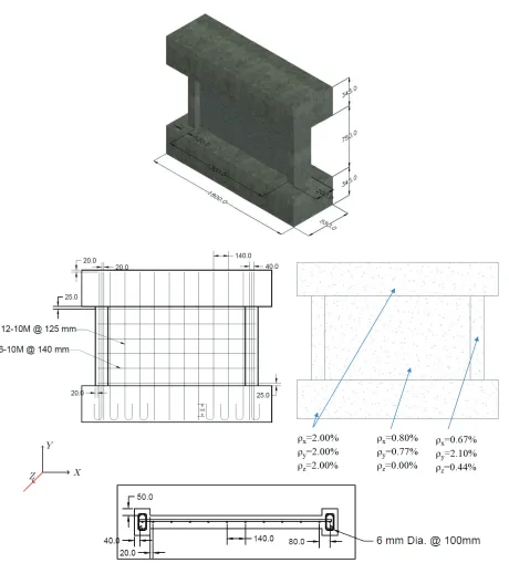 Figure 1: Specimen’s geometry and reinforcement details (dimensions are in mm) 