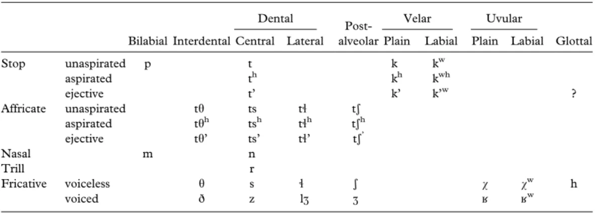 Table II. Dene Suline consonant inventory.