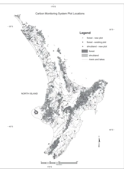 Figure 2.  Presence or absence of existing permanent 0.04-ha plots nearby to points on an 8 km x 8 km grid superimposed on NewZealand forest and shrubland area from the Land Cover Data Base