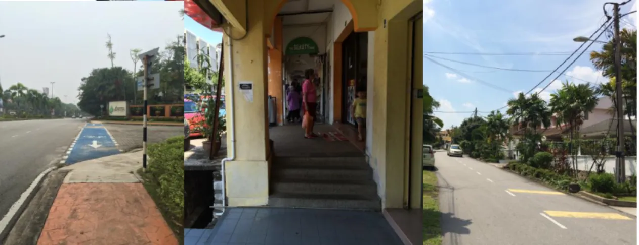 Fig. 7. Problems with cycling ―fitting‖ into the City: (a) a bicycle path uses the existing pedestrian pavement in the  area of Ara Damaansara (left); (b) typical walkways in shop lots in Kuala Lumpur with stairs (middle) (c) Typical  residential streets w