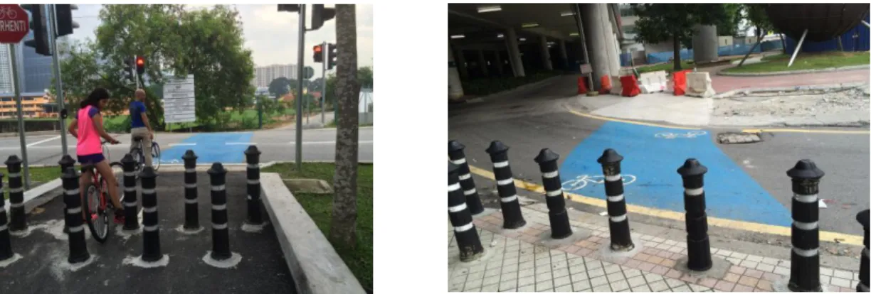 Fig. 10. Problems with the new cycling pathway in KL: (a) Bollards to force cyclists to stop before crossing the  highway (left); (b) Bollards to force cyclists to stop before crossing a main road